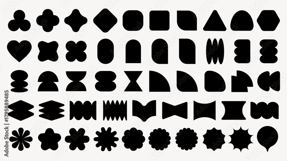 Vectors. A collection of abstract black shapes on a white background. Geometric shapes, abstract forms, and unique patterns. Shapes include circles, triangles, and squares. Black shapes, vector set.