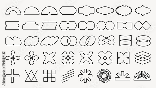 Collection of geometric shapes in black outlines. Various geometric forms, geometric patterns, and geometric designs on a light background. Black shapes, vector element set.