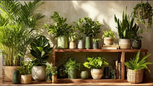 Collection of lush houseplants displayed on a wooden shelf in natural light