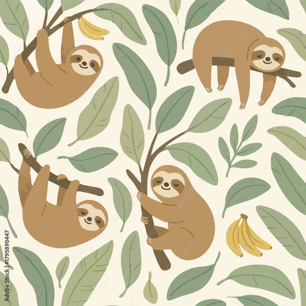 Naklejka premium Sloth Cute Branch Character Fun Jungle Happy Lazy Nature Animal Sloths Tropical Forest Friendly Print Illustration Vector Design