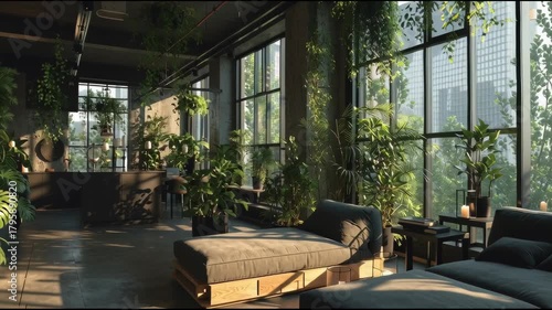 Modern living room with lush indoor plants and large windows overlooking a city