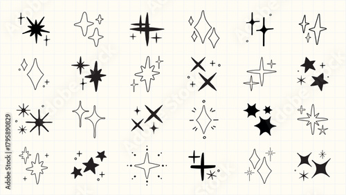 Collection of hand-drawn star doodles. Stars in various shapes and sizes. Black and white star designs. Simple star illustrations. Star-themed doodles. Element vector set.