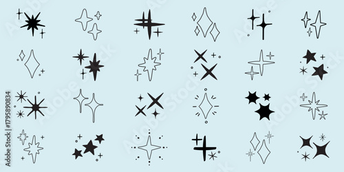 Collection of star doodles in various shapes. Star designs, star patterns, and star symbols. Simple black star illustrations on a light background. Element vector set.