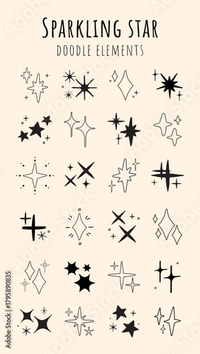 Collection of sparkling star doodles. Star elements in various shapes. Doodle stars for creative designs. Sparkling stars add charm to any project. Element vector set.
