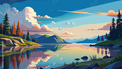 Very beautiful tranquil view of Lake Umbagog with soft clouds reflected on calm water, surrounded by serene natural shoreline and peaceful non-event wilderness scenery.