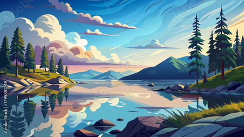 Very beautiful tranquil view of Lake Umbagog with soft clouds reflected on calm water, surrounded by serene natural shoreline and peaceful non-event wilderness scenery.