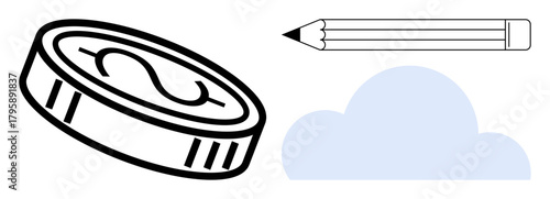 Coin with dollar sign, pencil, and cloud illustration represents creativity, planning, finance, imagination, innovation, economy and growth. Ideal for creative thinking and finance themes simple