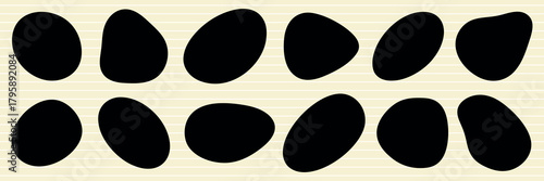 Abstract black shapes on a beige background. Organic shapes create a pattern. Black shapes repeat in a minimalist design. Simple shapes on beige. Black shape vector set.