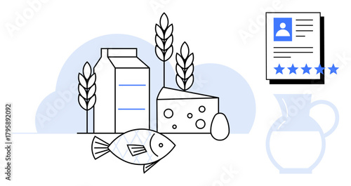 Assorted foods including milk, cheese, fish, grains, and egg alongside a nutrition profile graphic. Ideal for health, diet planning, wellness, food safety balanced diets culinary and nutrition