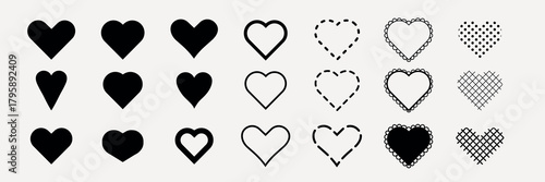 Set of 20 black heart icons in various styles. Includes solid, outlined, dotted, and patterned hearts. Perfect for design projects needing heart icons. Black Valentine's Day elements, vector set.