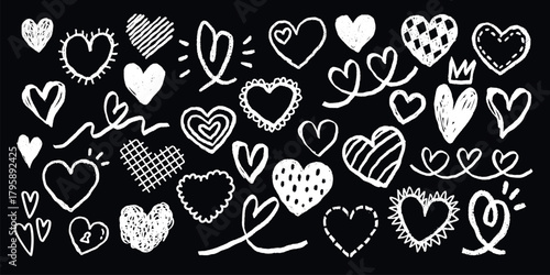 Chalk hearts doodles on blackboard. Various heart shapes, sketched hearts, hand-drawn hearts. Playful heart designs, chalk heart patterns, whimsical heart art. Hand drawn Valentine's Day vector set.
