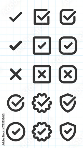 Collection of checkmark icons in various styles: square, circle, shield. Includes checkmarks, checkboxes, and cross symbols on a grid background. Vector element set.