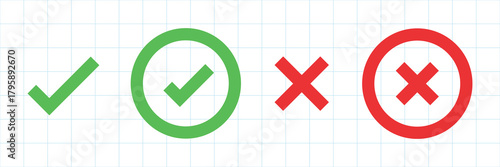 Green check marks and red X symbols on a grid background. Check marks and X symbols indicate approval and disapproval. Symbols are bold and colorful. Vector element set.