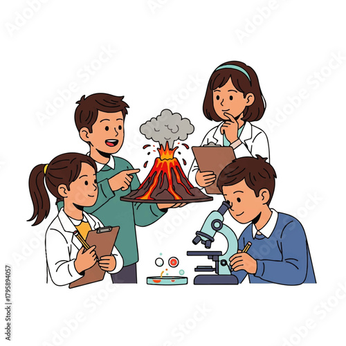 Team of students conducting a science experiment around a volcanic model in a bright classroom.