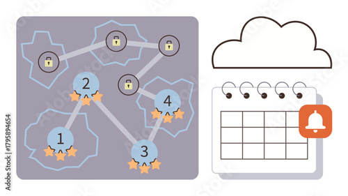 Flowchart with numbered nodes and star ratings links, padlocks for security, cloud icon, and calendar with notification. Ideal for teamwork, scheduling, project planning, cybersecurity, task