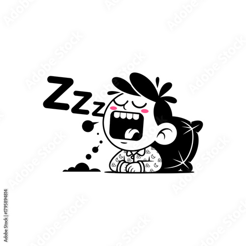 A chibi character sleeps and snores loudly. A black and white mascot for sleeping, snoring, or being tired.