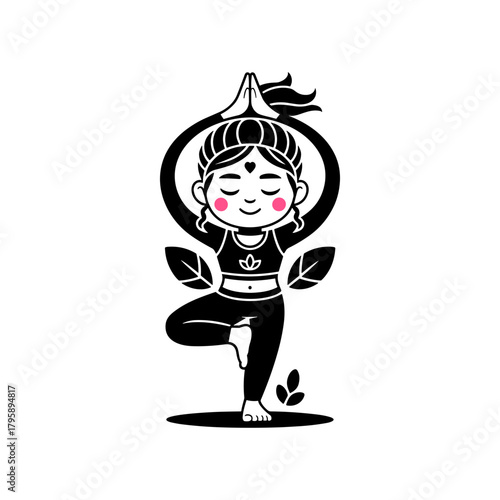A chibi woman in a yoga tree pose (Vrksasana). A black and white mascot for yoga, balance, wellness, or exercise.