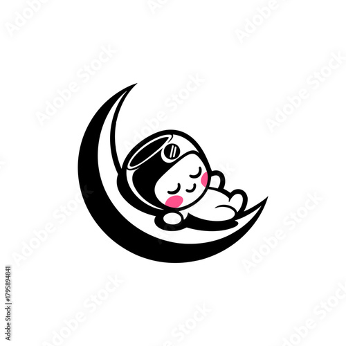 A cute chibi baby sleeps peacefully on a crescent moon. A black and white mascot for sleep, dreams, night, or lullabies.