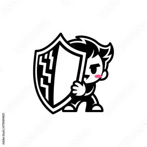 A chibi character bravely holds a large heater shield. A simple black and white mascot for protection, security, or defense.