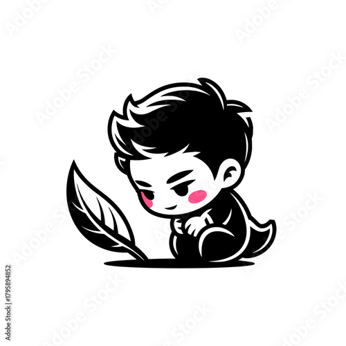 A cute chibi character sits quietly next to a large leaf. A black and white mascot for nature, environment, growth, or ecology.