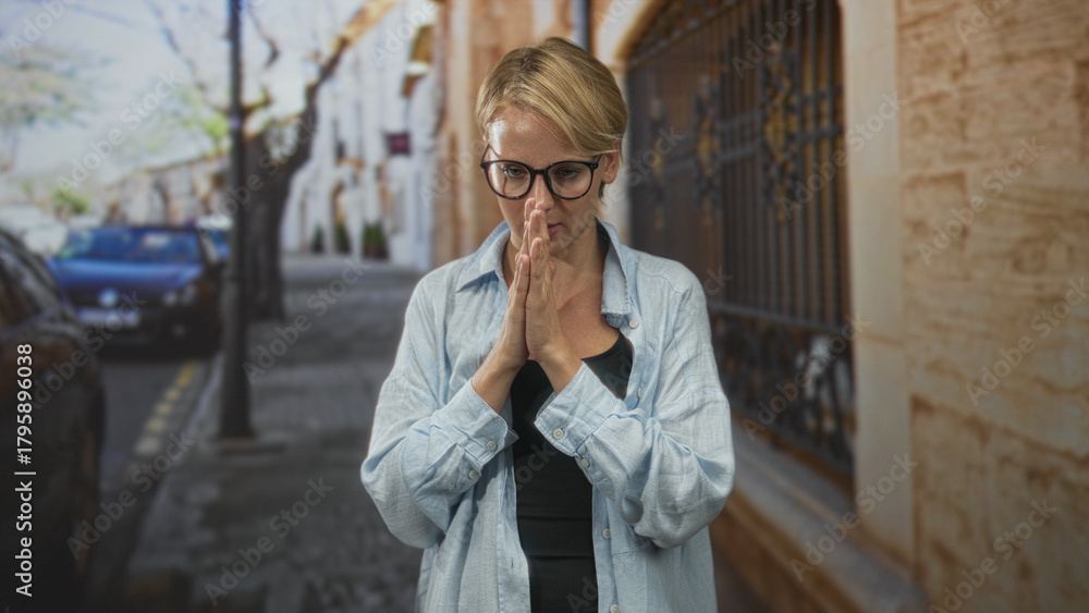 Fototapeta premium Woman with glasses touching chest and bringing palms together in a breathing exercise on a cobbled city street near iron gate and parked cars; mindfulness calm.