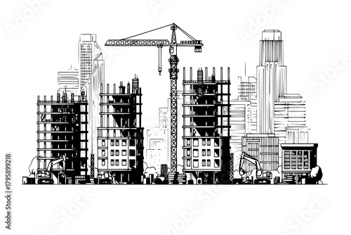 Construction Site with Tower Crane. Vector Illustration of Residential Building Development, Skyscraper Construction and Modern City Landscape

