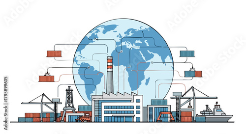 Global Trade and Manufacturing Network with Factories and Shipping.