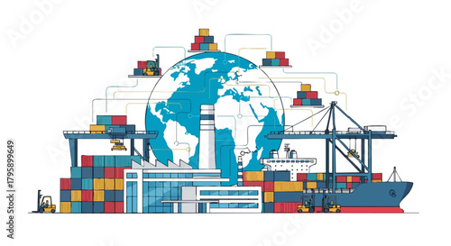 Global Trade and Logistics Network with Shipping Containers and Cargo.
