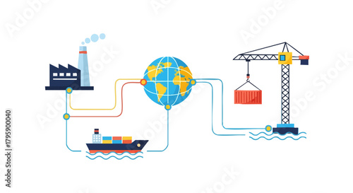Global Supply Chain Illustration - Factory, Ship, Crane, and Globe.