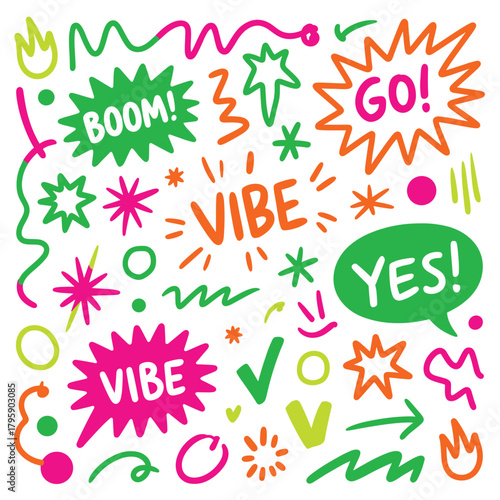 Colorful doodle elements collection with hand drawn style for decorative design and fun graphics 