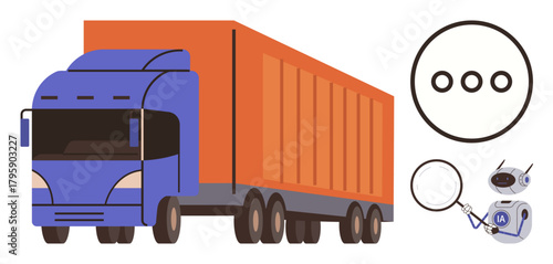 Blue semi-truck with orange trailer accompanied by robot using magnifier, analyzing three dots data icon. Ideal for transportation, automation, AI, logistics, technology, supply chain, smart systems
