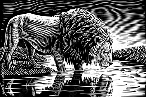 A thirsty lion lowers his head to drink from a clear river black and white sketch, reflecting his strong silhouette in calm water under muted afternoon sky