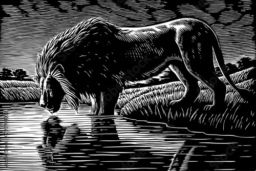 A thirsty lion lowers his head to drink from a clear river black and white sketch, reflecting his strong silhouette in calm water under muted afternoon sky