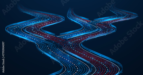 Data flows at a digital interchange. A road junction with dynamic traffic paths. The blue and red lines resemble the tracing of information flows and form the highways of the future.