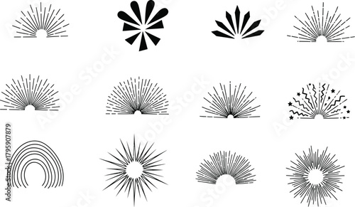 Collection of Sunburst and Starburst Line Art Icons and Symbols on White Background rays