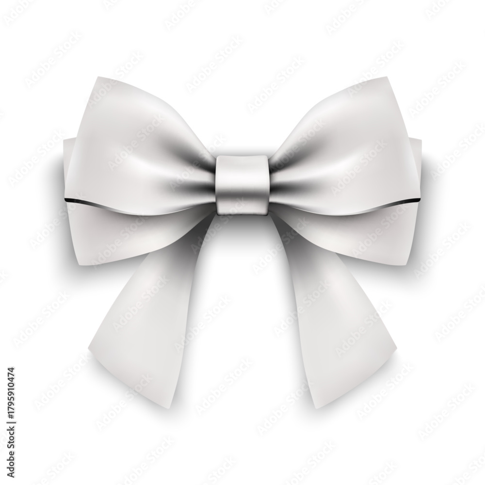 Naklejka premium White Bow Realistic shiny satin with shadow isolated on white background for decorate wedding invitation card , greeting card or gift boxes. vector illustration