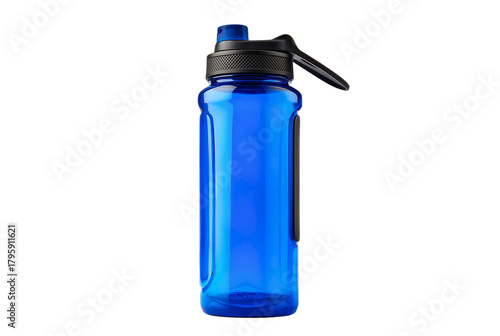 Bright blue sports water bottle with black lid isolated on transparent background