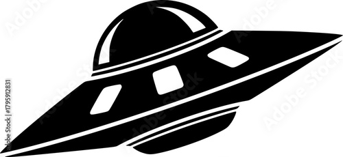 Black spaceship icon hovers, depicting unidentified alien technology with futuristic design elements
