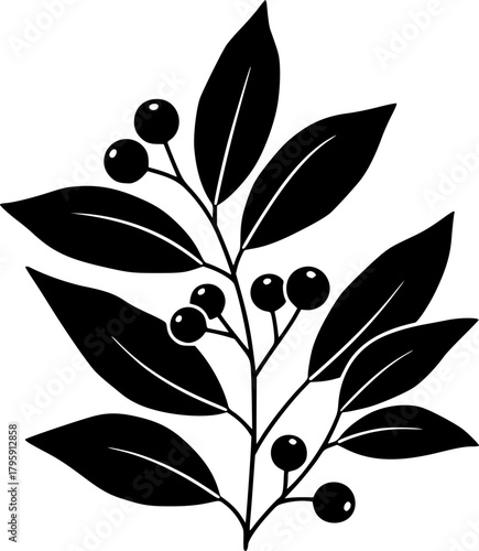 Black silhouette presents a growing tree with round fruits among elegant leafy branches on white
