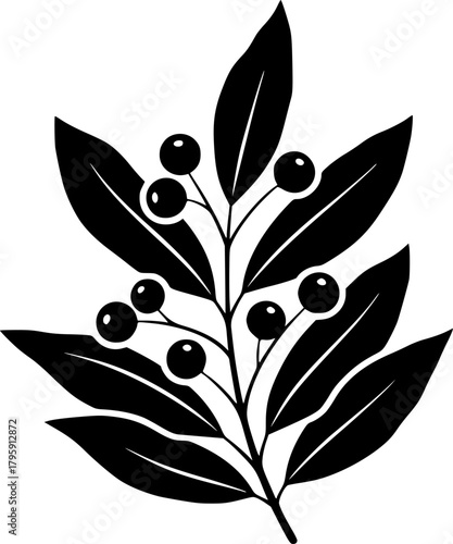 Black silhouette presents a growing tree with round fruits among elegant leafy branches on white

