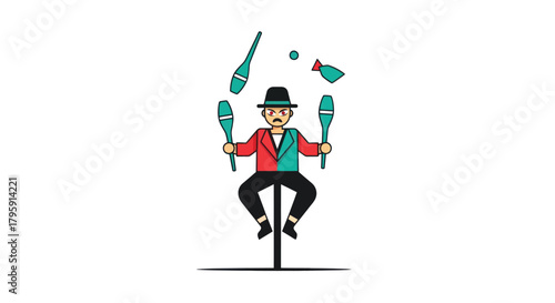 Cartoon man balancing on pole while juggling pins