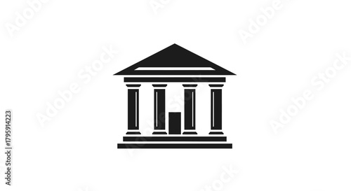 Classic icon of a building with columns and a triangular roof, in solid black