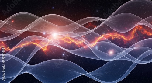 Abstract visualization of quantum energy waves and light particles.