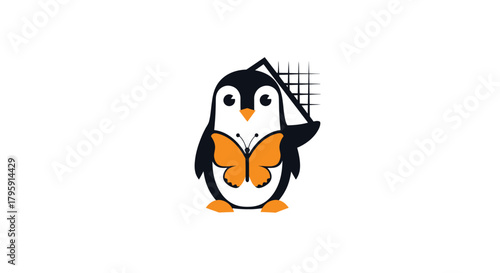 A penguin wearing a butterfly, playing tennis