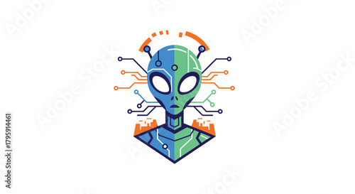Robotic alien head with blue, green, and orange details, circuit accents, geometric shape