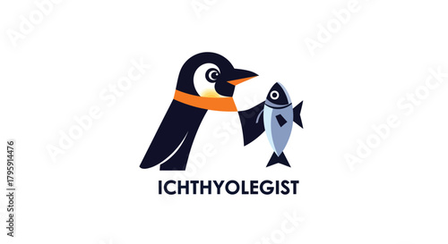 Minimalist penguin offering a fish