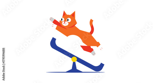 Playful orange cat jumping from a blue seesaw