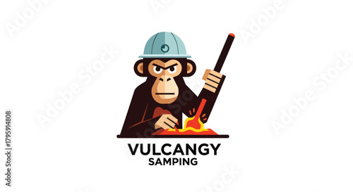 Cartoonish monkey with hardhat manipulates molten material