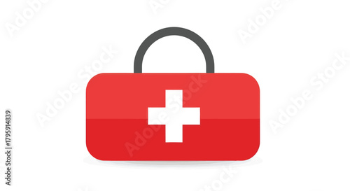 Red medical kit with a white cross and grey handle