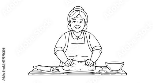 Vector of a grandmother baking bread, kneading dough on a counter, warm and expressive outlines, isolated on white